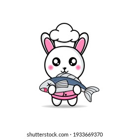 cute rabbit chef brings big fish mascot kawaii