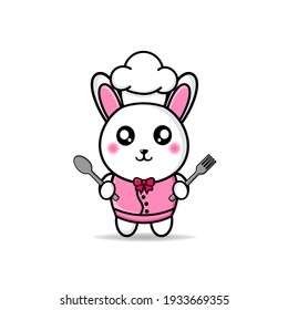 cute rabbit chef brings cutlery mascot design kawaii