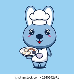 Cute rabbit chef cartoon character with bring japanese food