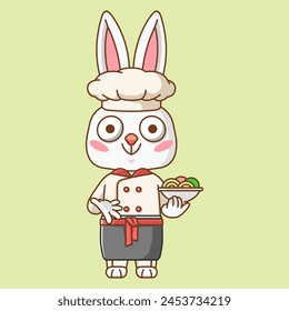 Cute conejo chef cocinero servir comida animal chibi personaje mascota icono línea plana estilo de arte ilustración concepto conjunto de dibujos animados