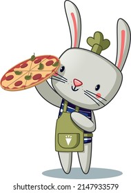 cute rabbit chef cooked delicious pizza