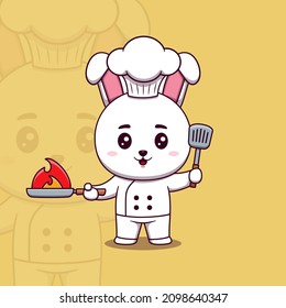 Cute rabbit chef holding spatula and Burning Frying Pan