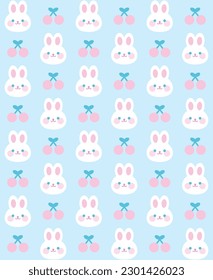 Cute rabbit and cherry seamless pattern. Funny character. Pattern design, print, template. Vector illustration. 