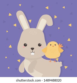 cute rabbit and chick animals farm characters