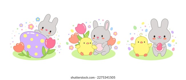 Cute rabbit and chick cartoon bunny kawaii vector. Spring Easter greeting. Adorable little friends bunny and chick with Easter egg and cute tulips. Children illustration japanese korean anime style. svg