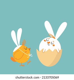 Cute rabbit and chick. Happy white rabbit in cracked egg, funny yellow chicken wearing easter bunny ears. Funny bird and sweet animal. Cartoon character, hand drawn vector illustration, flat design. 