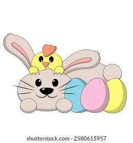 Cute Rabbit and Chicken with Easter egg in color