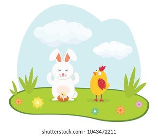 Cute rabbit and chicken. Happy Easter design. Good for holiday card. Flat icon. Vector illustration.