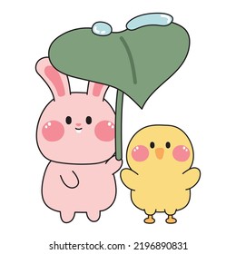 Conejo lindo con soporte de pollo bajo la hoja.Diseño de caricatura animal.Gráfico infantil.Concepto de amigo.Ioslated.Hand draw.Sticker.Kawaii.Vector.Ilustración.