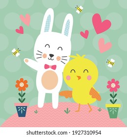 Cute rabbit and chicks in the garden for Easter greetings card