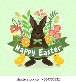 Cute rabbit with chicks, ribbon, flowers and leaves. Happy Easter. Vector illustration. 