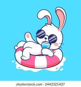 Cute Rabbit Chill En Neumáticos De Natación Con Jugo De Dibujos Animados Ilustración De Icono Vectorial. Icono de vacaciones de animales Concepto Vector Premium aislado. Estilo plano de dibujos animados