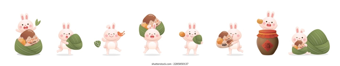 Cute rabbit with Chinese Dragon Boat Festival traditional food Zongzi, glutinous rice wrapped in bamboo leaves, Chinese translation: Wine