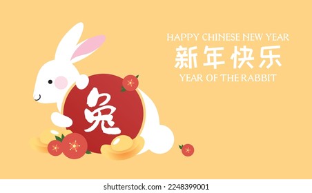 Cute rabbit for chinese new year holding rabbit chinese character. Decorative flowers and sycee ingot. Lunar new year illustration vector banner.