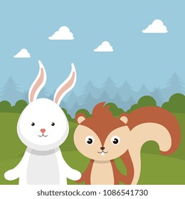 cute rabbit and chipmunk in the field landscape character