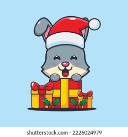 Cute rabbit with christmas gift. Cute christmas cartoon illustration.