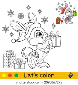 Cute rabbit in a Christmas hat with snowflakes. Cartoon rabbit character. Vector isolated illustration. Coloring book with colored exemple. For card, poster, design, stickers, decor,kids apparel