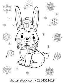 Cute rabbit in a Christmas hat with snowflakes. Cartoon rabbit character. Vector isolated illustration.