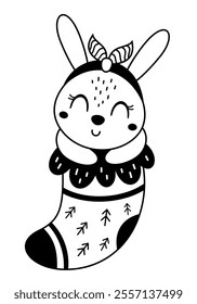 Cute rabbit in Christmas sock. Black and white Christmas rabbit clipart. Cute festive character. Hand draw vector illustration in flat style