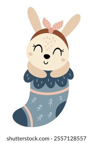 Cute rabbit in Christmas sock. Christmas rabbit clipart. Cute festive character. Hand draw vector illustration in flat style