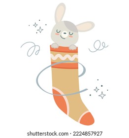 Cute rabbit in a Christmas sock. Merry Christmas. Funny rabbit in a Christmas stocking against the background of stars and serpentine. Greeting card, banner Vector isolated design. Flat style.