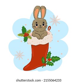 Conejo lindo en un calcetín de Navidad. Gráficos vectoriales.