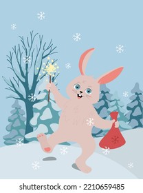 Cute rabbit with Christmas sparklers. Vertical vector illustration for Winter holidays.