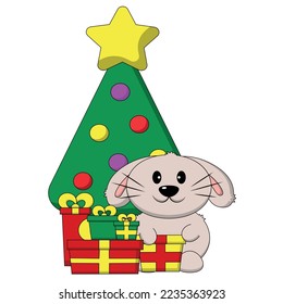 Conejo y árbol de Navidad y caja de regalo en color