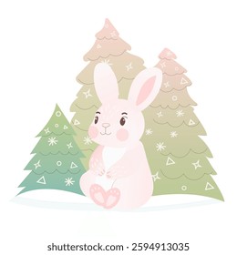 Cute rabbit with Christmas trees, bunny character vector illustration