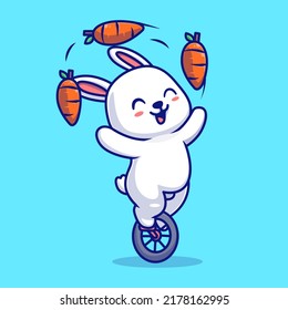 Cute Rabbit Circus Playing Carrot With Unicycle Cartoon Vector Icon Illustration. Animal Nature Icon Concept Isolated Premium Vector. Flat Cartoon Style