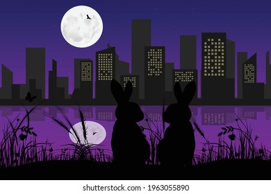 cute rabbit and the city silhouette