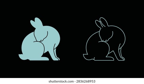 Cute rabbit cleaning itself silhouette and outline graphic icon set on black