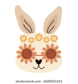 Cute rabbit clipart. Retro rabbit face, groovy bunny, animal character. Hand drawn vector illustration in flat style	