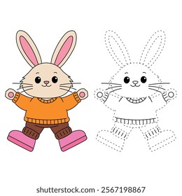 Cute Rabbit clipart vector. Easter bunny coloring pages easter worksheets printable for kids activity, Kindergarten and preschool. Trace and color Easter bunny worksheets. 