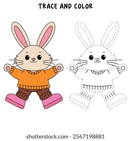 Cute Rabbit clipart vector. Easter bunny coloring pages easter worksheets printable for kids activity, Kindergarten and preschool. Trace and color Easter bunny worksheets. 