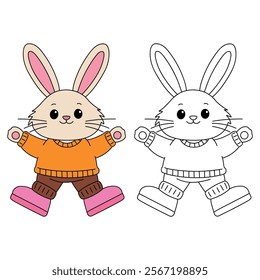 Cute Rabbit clipart vector. Easter bunny coloring pages easter worksheets printable for kids activity, Kindergarten and preschool. Trace and color Easter bunny worksheets. 