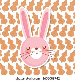 cute rabbit close eyes face leaves decoration background vector illustration