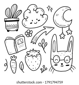 Cute rabbit and cloud icon collection set sticker vector