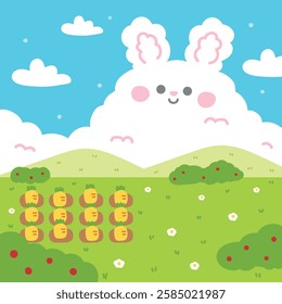 Cute rabbit cloud on sky background.Daytime.Easter.Garden jungle mountain flower grass carrot.Rodent animal character cartoon design.Kawaii.Vector.Illustration.