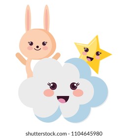 cute rabbit with cloud and star kawaii characters