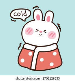 Cute rabbit clover red blanket hand drawn blue background Animal cartoon character Kawaii bunny doodle style Winter concept Cold Image for card sticker Kid graphic Vector Illustration 