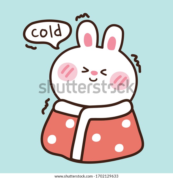 青の背景にかわいいウサギの手描きの赤い毛布 動物の漫画のキャラクター かわいいバニー落書きスタイル 冬 のコンセプト 寒い カード用のステッカー キッドグラフィック ベクター画像 イラスト のベクター画像素材 ロイヤリティフリー