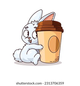 Cute rabbit with coffee in cartoon style, vector, lines and outline