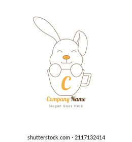 cute rabbit coffee cup logo design for cafe or cake shop with outline.vector illustration