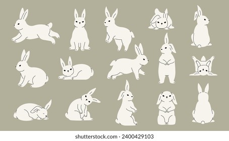 Cute rabbit collection. Doodle hare icons with different expressions, running wild animals in environment. Vector colorful doodle collection of cute rabbit and hare illustration