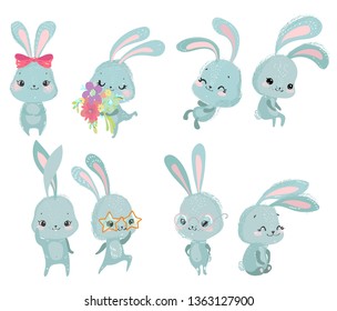 Cute rabbit collection over white, funny characters for beautiful card, children party design, wallpaper, decoration etc. Vector