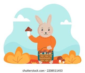 Cute rabbit collects mushrooms. Basket with mushrooms and falling autumn leaves. Autumn time. Vector illustration