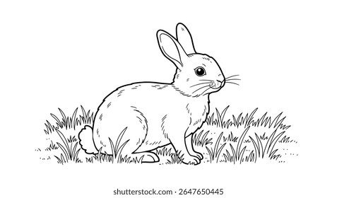 Cute rabbit coloring page showing a bunny sitting peacefully amidst blades of grass in a field scene