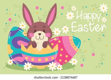 Cute rabbit comming out from painted eggs Easter week template Vector