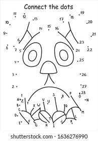 Cute rabbit connect the dots printable game for kids. Dot to dot simple and funny  educational game for count and learn English abc. Easter cartoon animal stock vector illustration. One of a series.